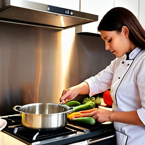 Home 19 **Image:** A colorful, inviting kitchen scene. A woman is cooking at a stove, carefully monitoring the temperature with a food thermometer. Fresh vegetables are neatly arranged, and a variety of cooking pots (stainless steel, glass) are visible. The overall feeling should be one of warmth, health, and mindful cooking practices. The goal is to visually represent the concept of cooking food at the correct temperature to preserve nutrients and ensure safety.