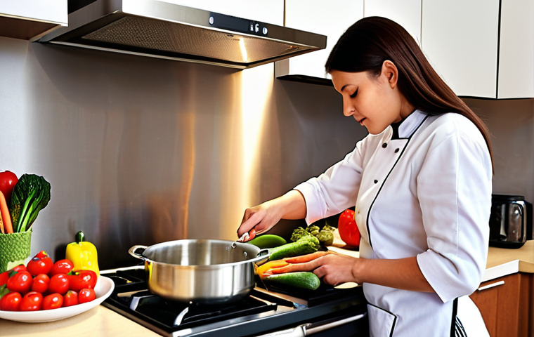 **Image:** A colorful, inviting kitchen scene. A woman is cooking at a stove, carefully monitoring the temperature with a food thermometer. Fresh vegetables are neatly arranged, and a variety of cooking pots (stainless steel, glass) are visible. The overall feeling should be one of warmth, health, and mindful cooking practices. The goal is to visually represent the concept of cooking food at the correct temperature to preserve nutrients and ensure safety.