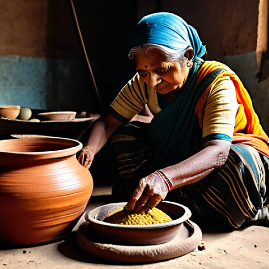**
A traditional Bengali grandmother (Thakuma) in a rural kitchen setting, carefully placing food in a clay pot. Warm, natural lighting. The scene emphasizes the wisdom of traditional food preservation techniques. Fully clothed, modest attire, appropriate content, safe for work, professional photography, perfect anatomy, natural proportions, family-friendly.
**