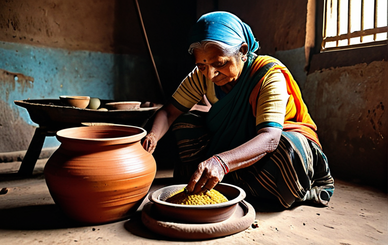 **

A traditional Bengali grandmother (Thakuma) in a rural kitchen setting, carefully placing food in a clay pot. Warm, natural lighting. The scene emphasizes the wisdom of traditional food preservation techniques. Fully clothed, modest attire, appropriate content, safe for work, professional photography, perfect anatomy, natural proportions, family-friendly.

**