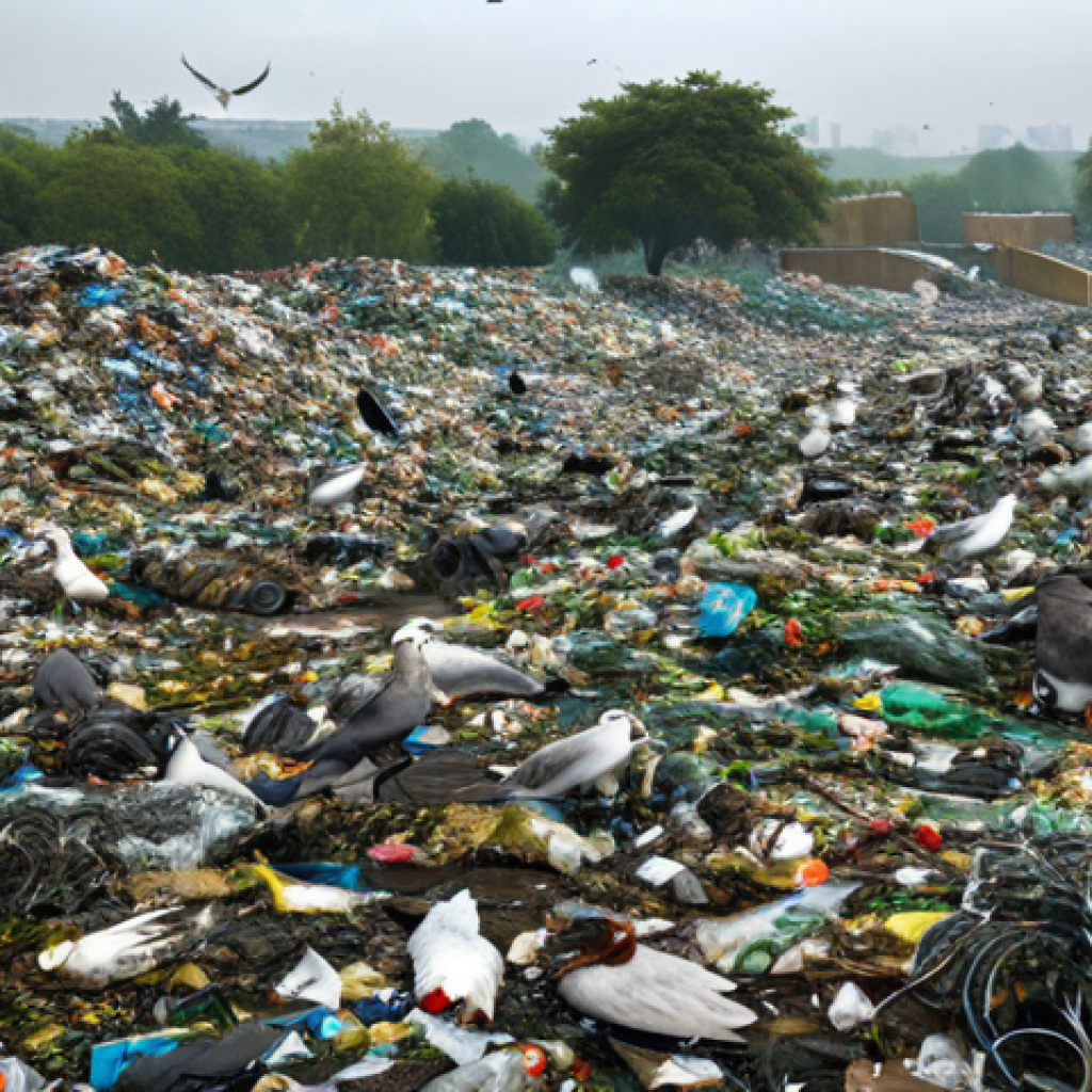포장 기술의 환경적 영향 - "A sprawling landfill choked with discarded packaging, mostly plastic, under a hazy sky. Show the co...