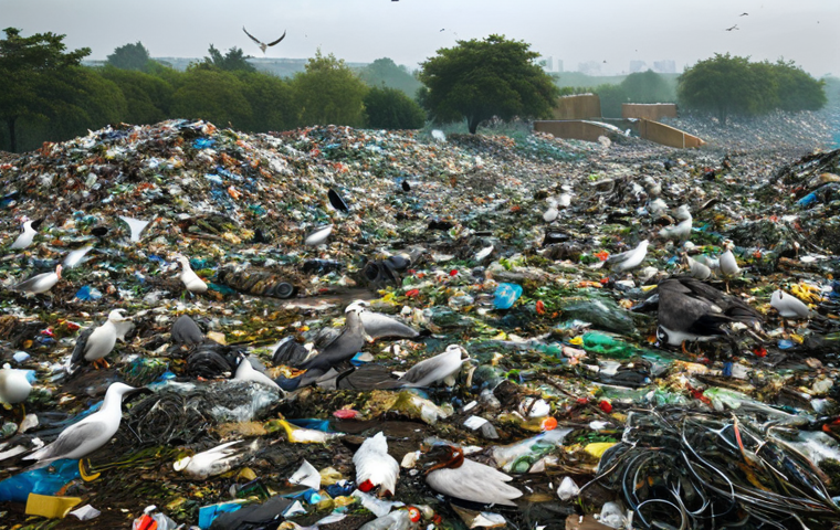 포장 기술의 환경적 영향 - "A sprawling landfill choked with discarded packaging, mostly plastic, under a hazy sky. Show the co...
