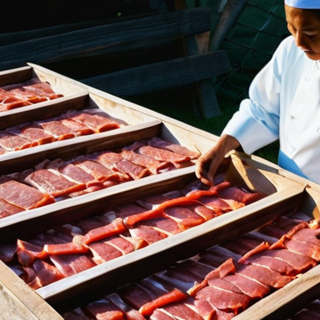 육류 보존 기술의 모든 것 - **Prompt 1: Traditional Sun-Drying of Meat**
    A wide, well-lit shot of thin slices of fresh, lean...