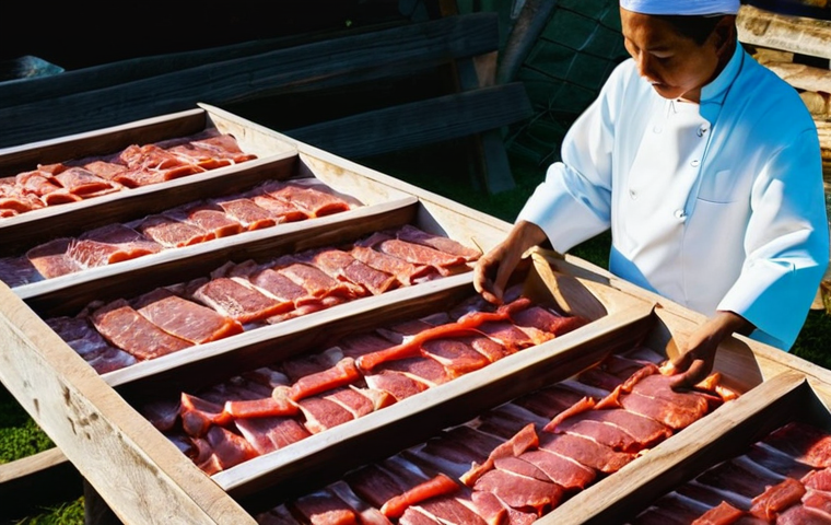 육류 보존 기술의 모든 것 - **Prompt 1: Traditional Sun-Drying of Meat**
    A wide, well-lit shot of thin slices of fresh, lean...