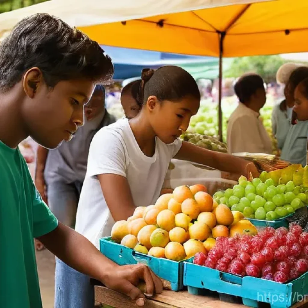 신선한 과일 보존 팁 - **Prompt:** A vibrant, sunlit outdoor market stall teeming with a diverse and colorful array of fres...