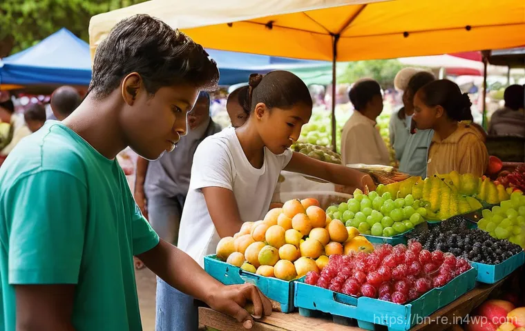 신선한 과일 보존 팁 - **Prompt:** A vibrant, sunlit outdoor market stall teeming with a diverse and colorful array of fres...