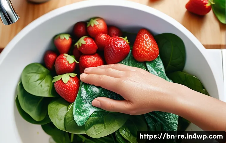유기농 음식의 보존 방법 - **Prompt:** A close-up, brightly lit photograph of a person's hands gently washing vibrant organic s...