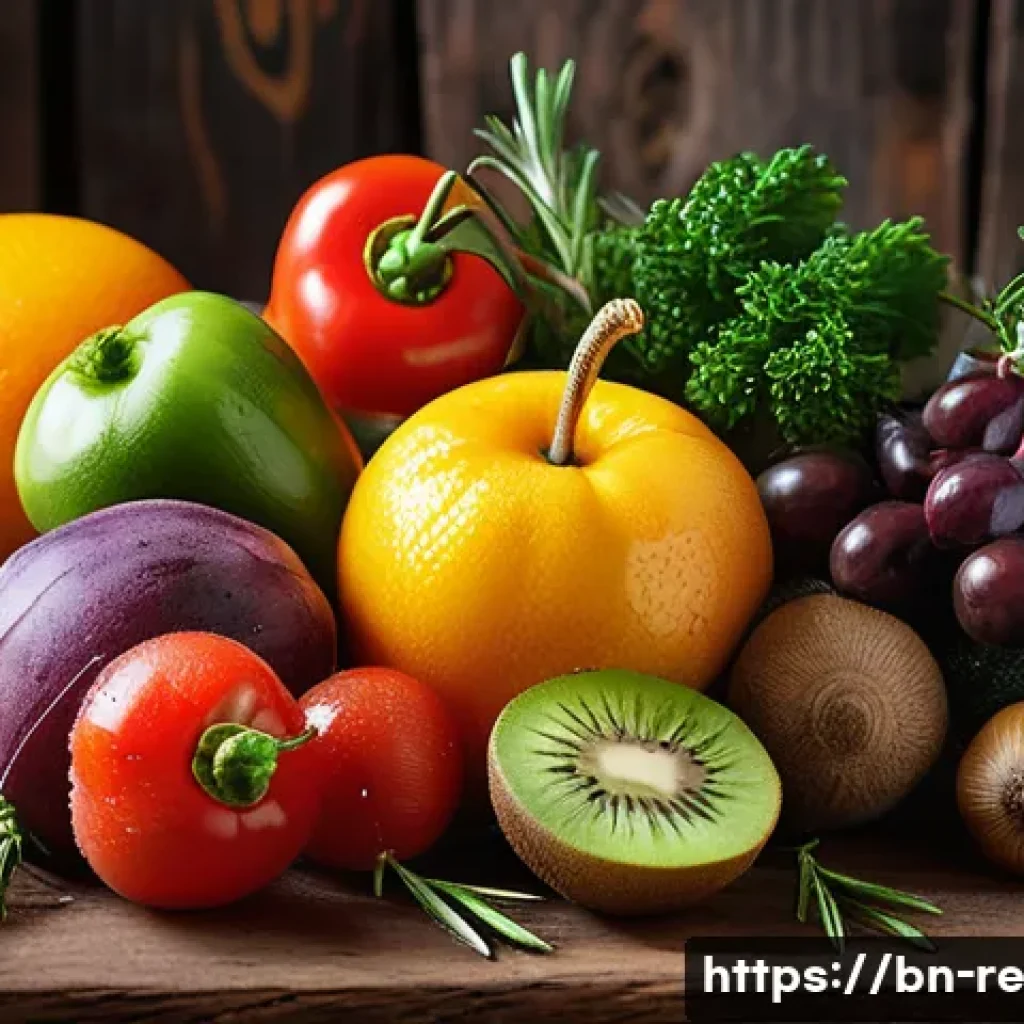 식품 보존을 위한 새로운 연구 동향 - A vibrant close-up of fresh fruits and vegetables coated with natural antioxidants like black pepper...