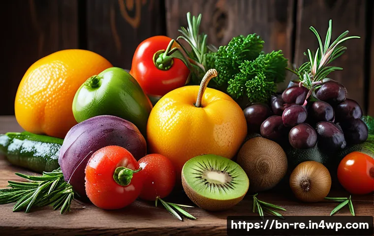 식품 보존을 위한 새로운 연구 동향 - A vibrant close-up of fresh fruits and vegetables coated with natural antioxidants like black pepper...