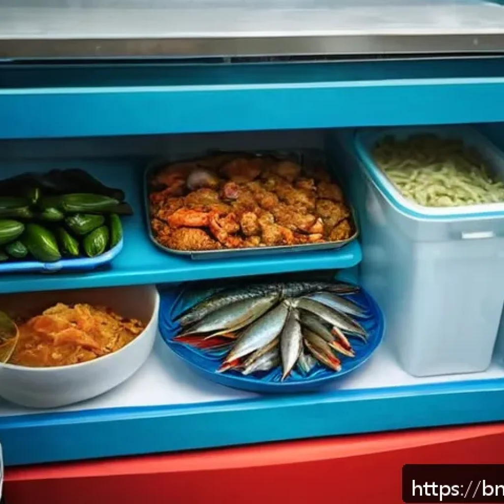 해산물 보존을 위한 방법 - A detailed kitchen scene showing a Bengali home environment where fresh seafood like fish and shrimp...