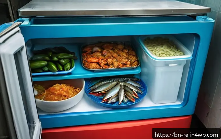 해산물 보존을 위한 방법 - A detailed kitchen scene showing a Bengali home environment where fresh seafood like fish and shrimp...