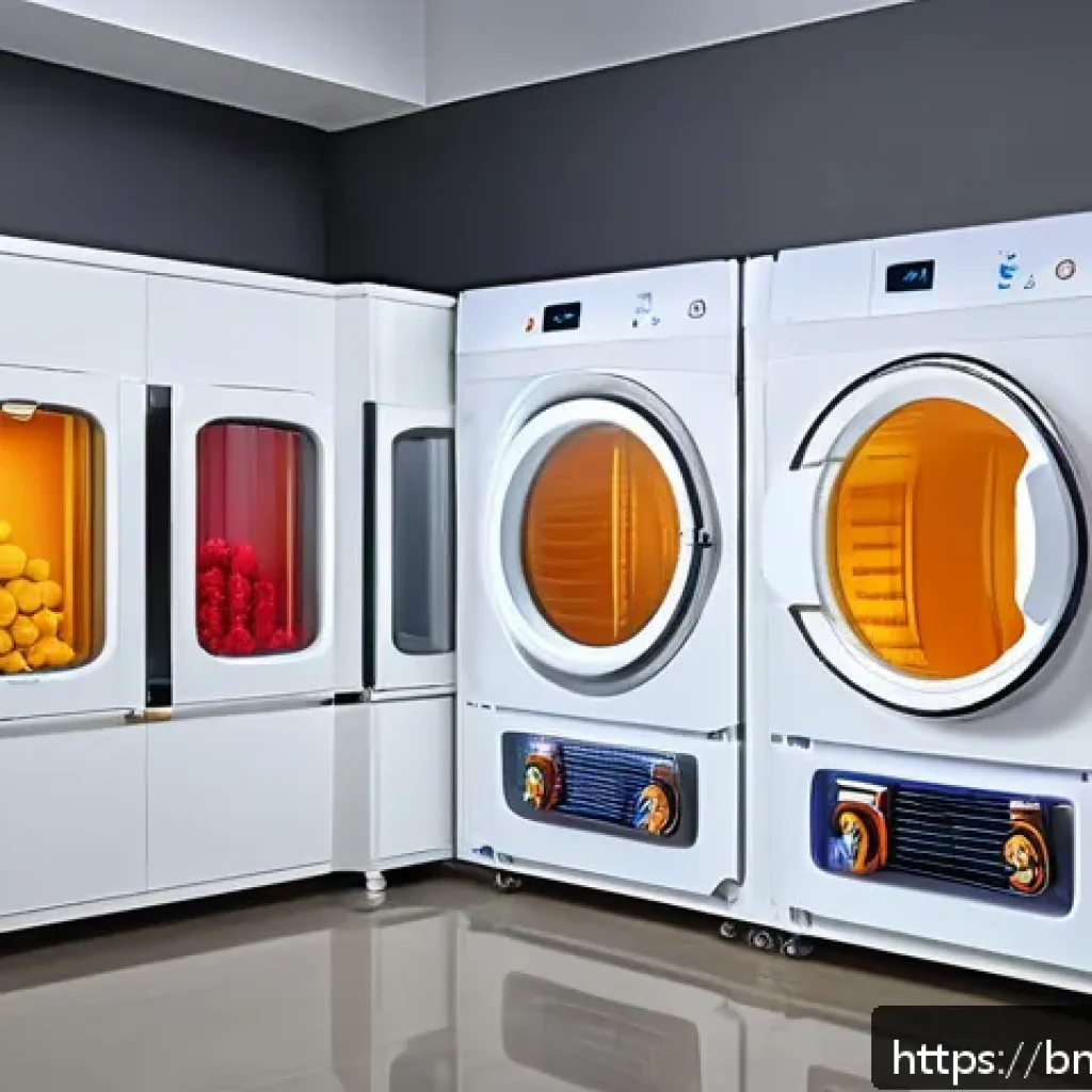건조 기술의 역사와 발전 - A modern humidity-controlled food and fabric dryer in a sleek industrial design, featuring transpare...
