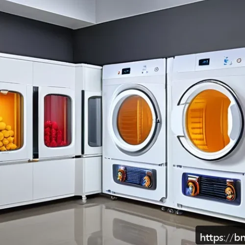 Home 32 건조 기술의 역사와 발전 - A modern humidity-controlled food and fabric dryer in a sleek industrial design, featuring transpare...