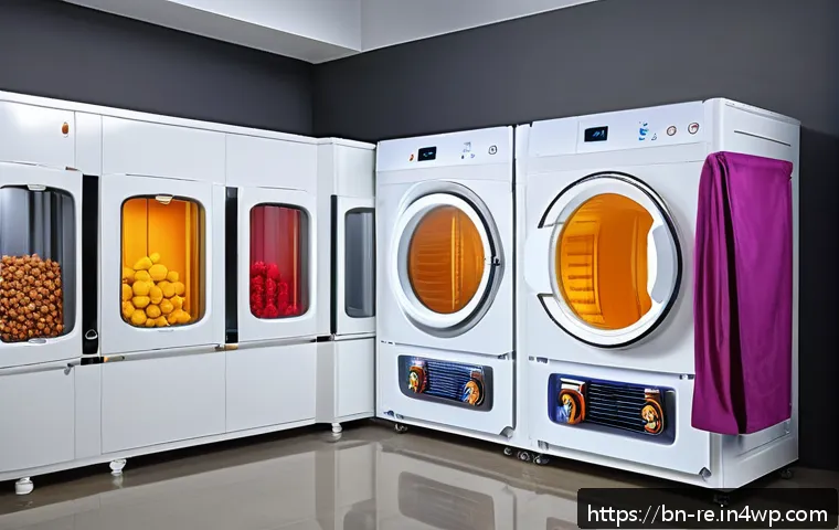 건조 기술의 역사와 발전 - A modern humidity-controlled food and fabric dryer in a sleek industrial design, featuring transpare...