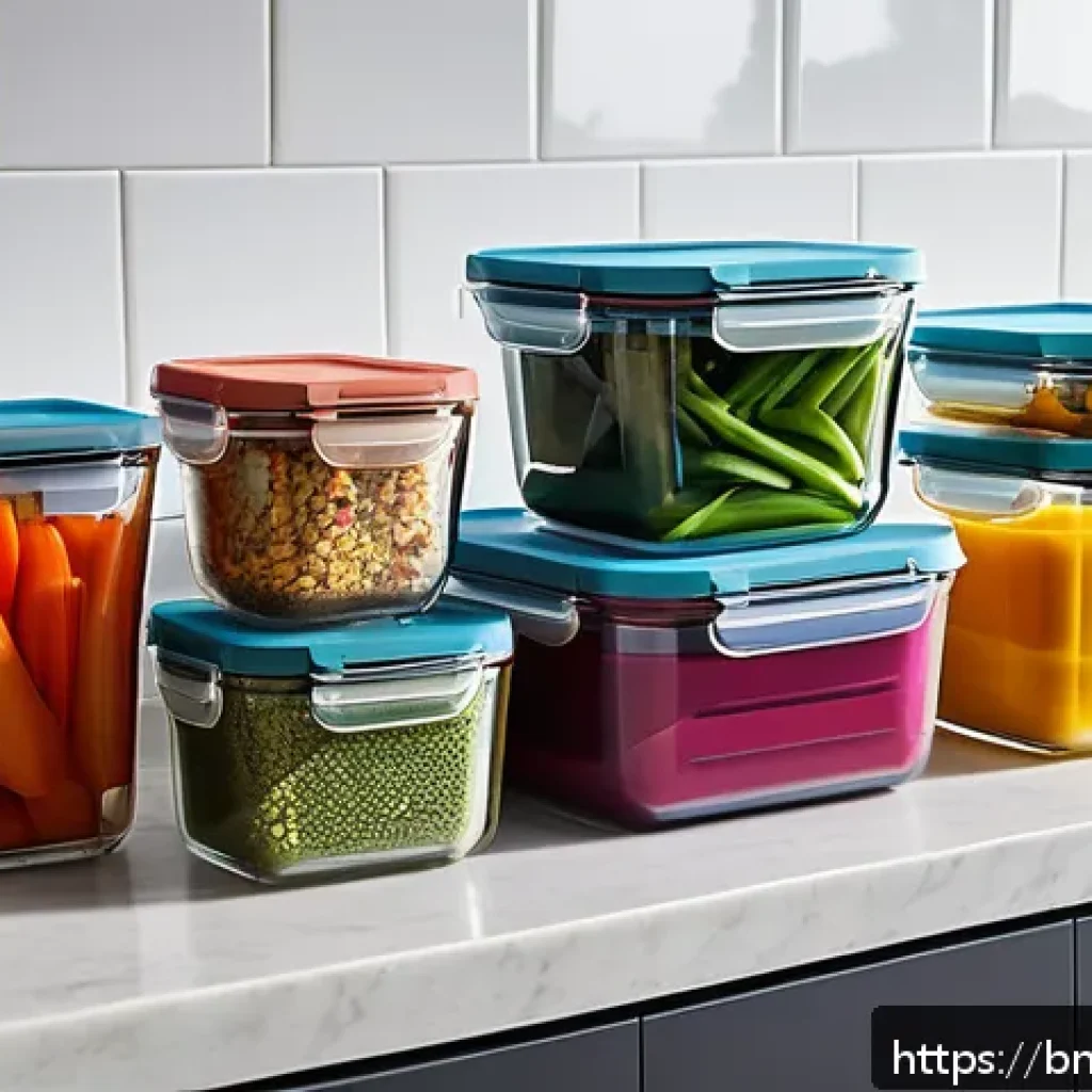 재사용 가능한 음식 보존 용기 - A bright, clean kitchen countertop displaying an assortment of reusable food storage containers made...