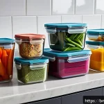 Home 23 재사용 가능한 음식 보존 용기 - A bright, clean kitchen countertop displaying an assortment of reusable food storage containers made...