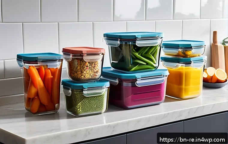 재사용 가능한 음식 보존 용기 - A bright, clean kitchen countertop displaying an assortment of reusable food storage containers made...