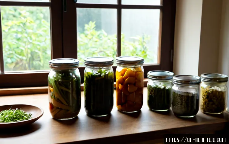Home 17 음식 재활용과 보존 기술 - Photorealistic home kitchen scene showing food preservation and reuse: neatly arranged glass jars of...