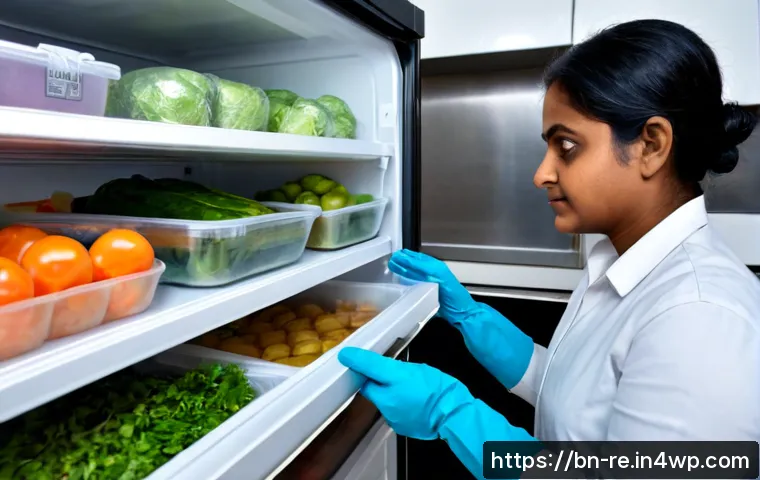 냉동식품의 품질 관리 방법 - Photorealistic home kitchen scene showing careful frozen food quality control, a middle-aged Bengali...