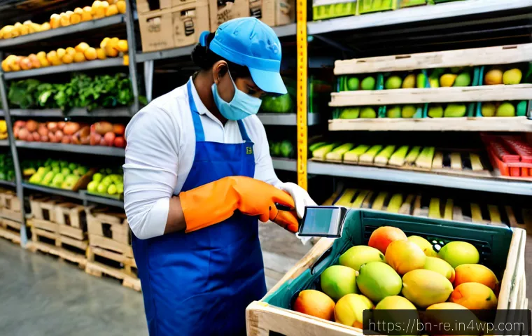 식품 이력 추적과 보존 기술 - Photorealistic food traceability scene in a clean modern produce warehouse, an adult worker wearing ...