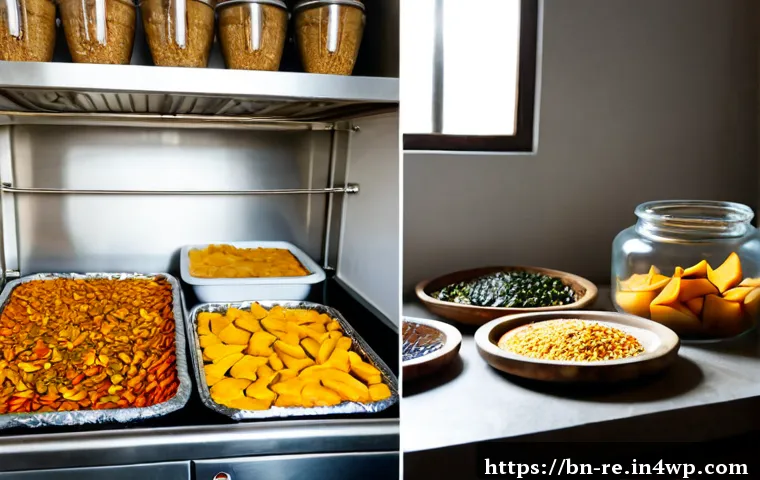 과거와 현재의 음식 보존 기술 비교 - Photorealistic split-table comparison of past and present food preservation methods: on the left, a ...